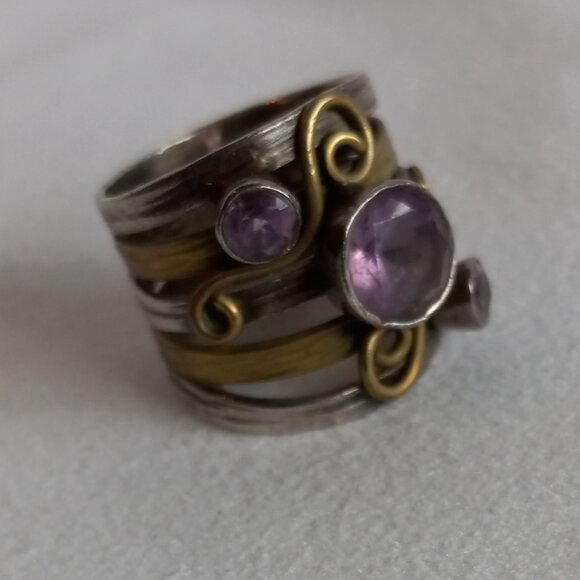 Handmade Silver & Bronze Amethyst Multi-Band Ring - Picture 6 of 8